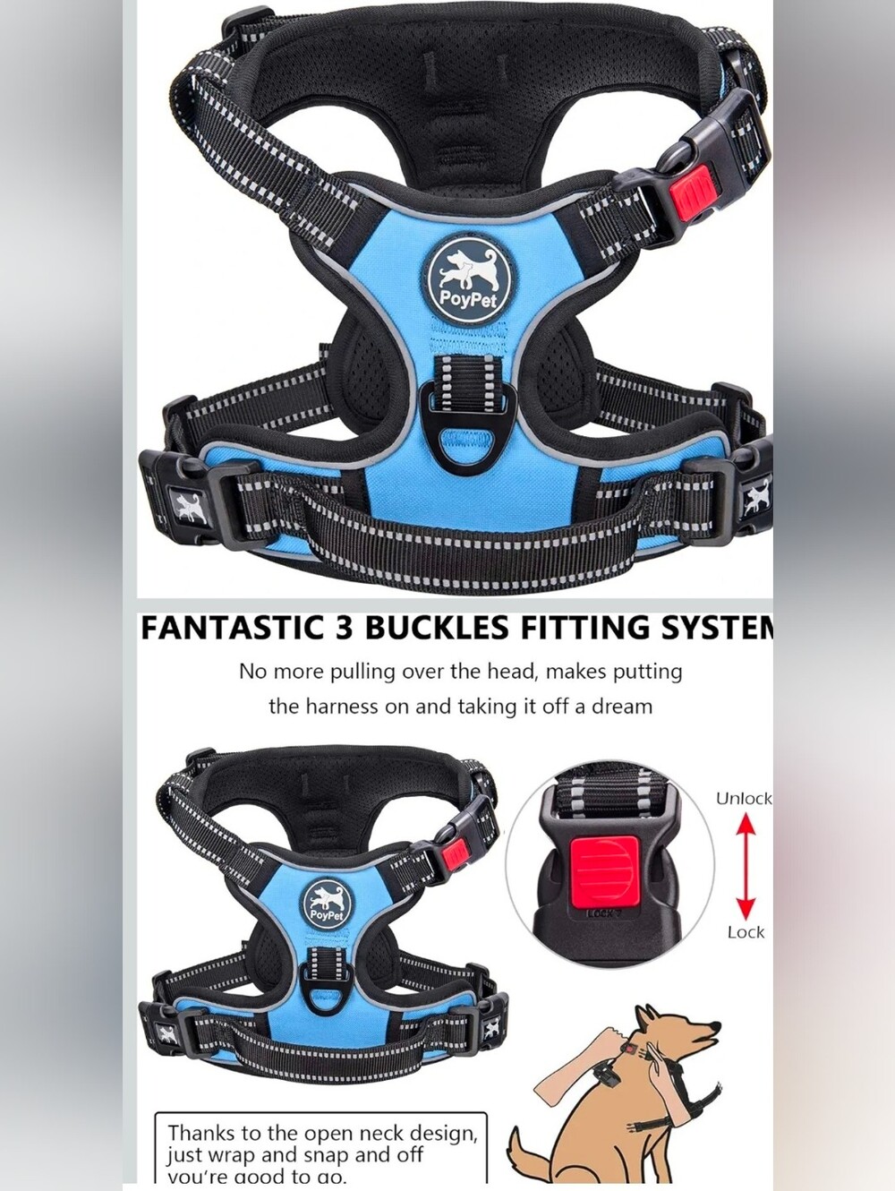 Blue Reflective No-Pull Dog Harness with 3-Buckle Fit